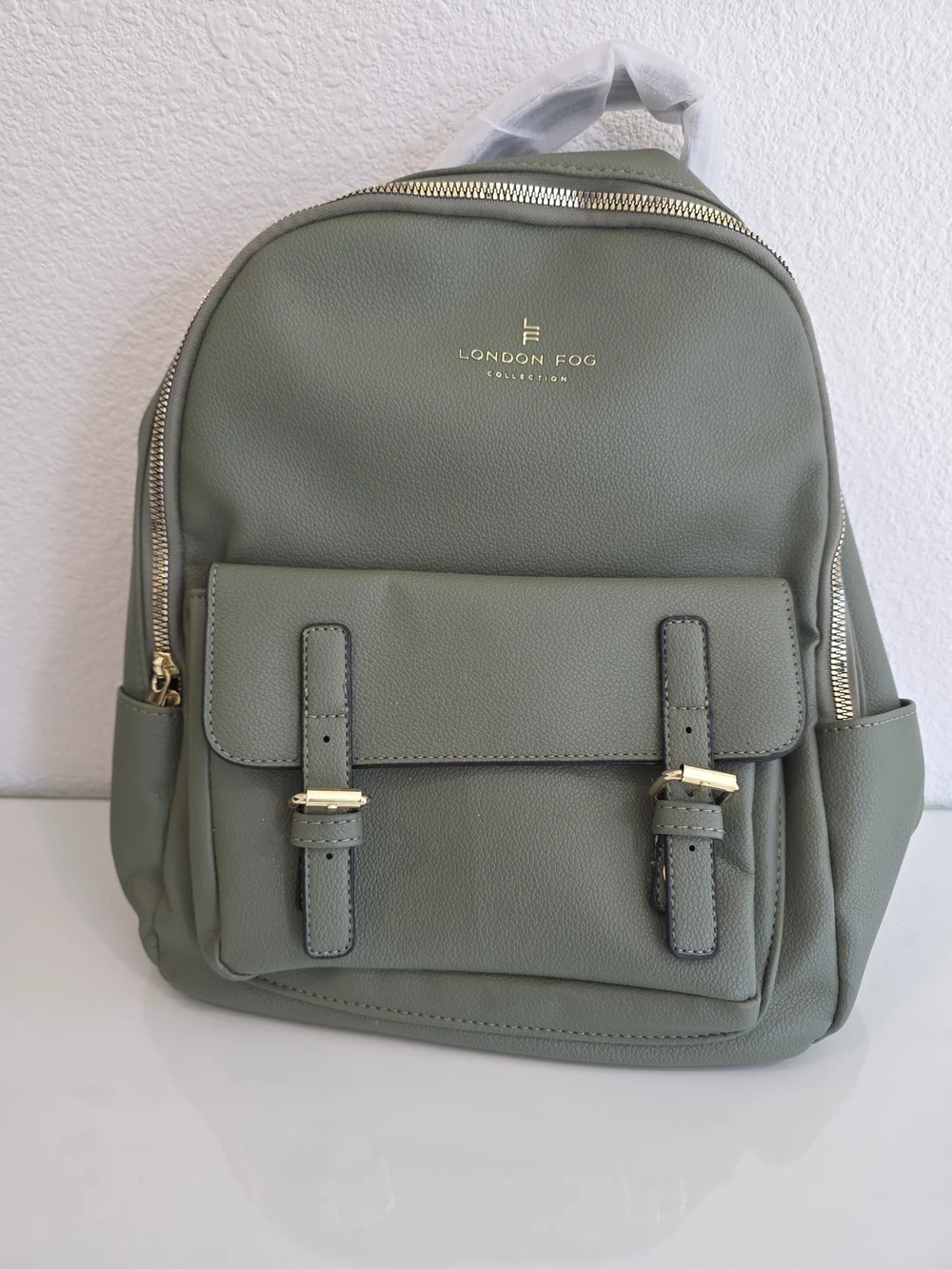 London Fog Sage Green Pebbled Backpack with Gold Hardware